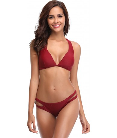 Tankinis Cheeky Bikini Bottoms Strappy Low Rise Brazilian Thong Swim Shorts for Women - Wine Red - CN18CALHWKK $32.51