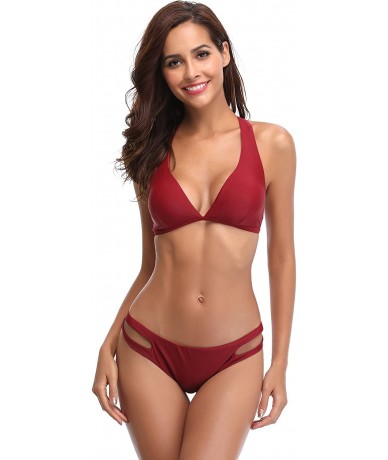 Tankinis Cheeky Bikini Bottoms Strappy Low Rise Brazilian Thong Swim Shorts for Women - Wine Red - CN18CALHWKK $32.51