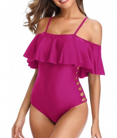 One-Pieces Off The Shoulder One Piece Swimsuits for Women Junior Flounce Bathing Suits Tummy Control Swimwear - Fushcia - CQ1...