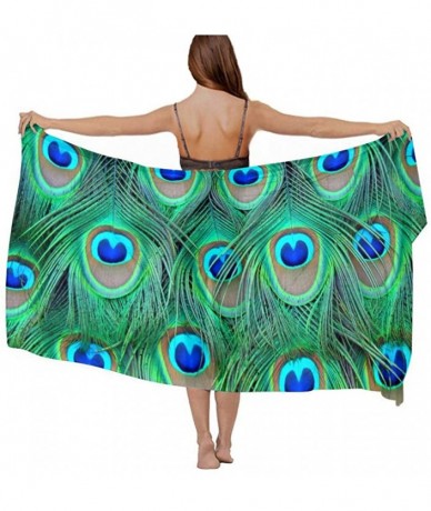 Cover-Ups Women Luxury Chiffon Swimwear Cover Up- Oversize Beach Sarong Shawl Wrap - Adorable Green Peacock - C119C4TG5XR $46.42