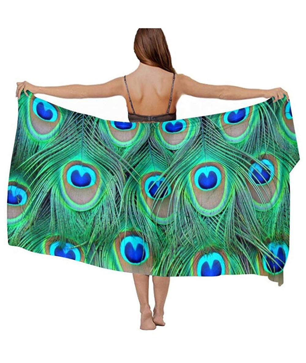 Cover-Ups Women Luxury Chiffon Swimwear Cover Up- Oversize Beach Sarong Shawl Wrap - Adorable Green Peacock - C119C4TG5XR $46.42