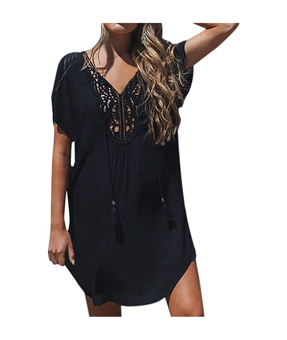 Cover-Ups Women Lace Stitching Mini Dress Deep V-Neck Summer Fashion Beach Dress Hollow Out Beachwear - Black - CN18RDU83NX $...