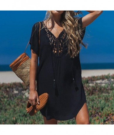 Cover-Ups Women Lace Stitching Mini Dress Deep V-Neck Summer Fashion Beach Dress Hollow Out Beachwear - Black - CN18RDU83NX $...