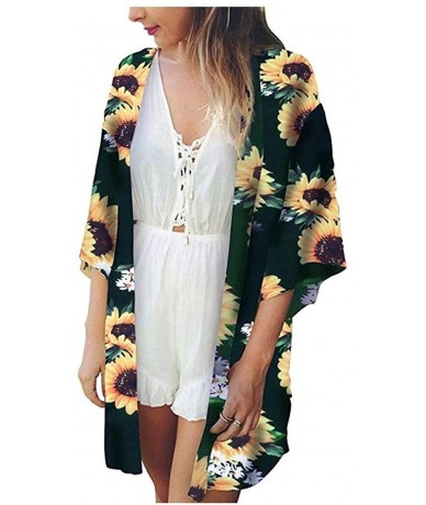 Cover-Ups Women's Cover ups Kimono Floral Print Casual Loose Chiffon Cardigan - Green - C5199NDW3EM $36.68