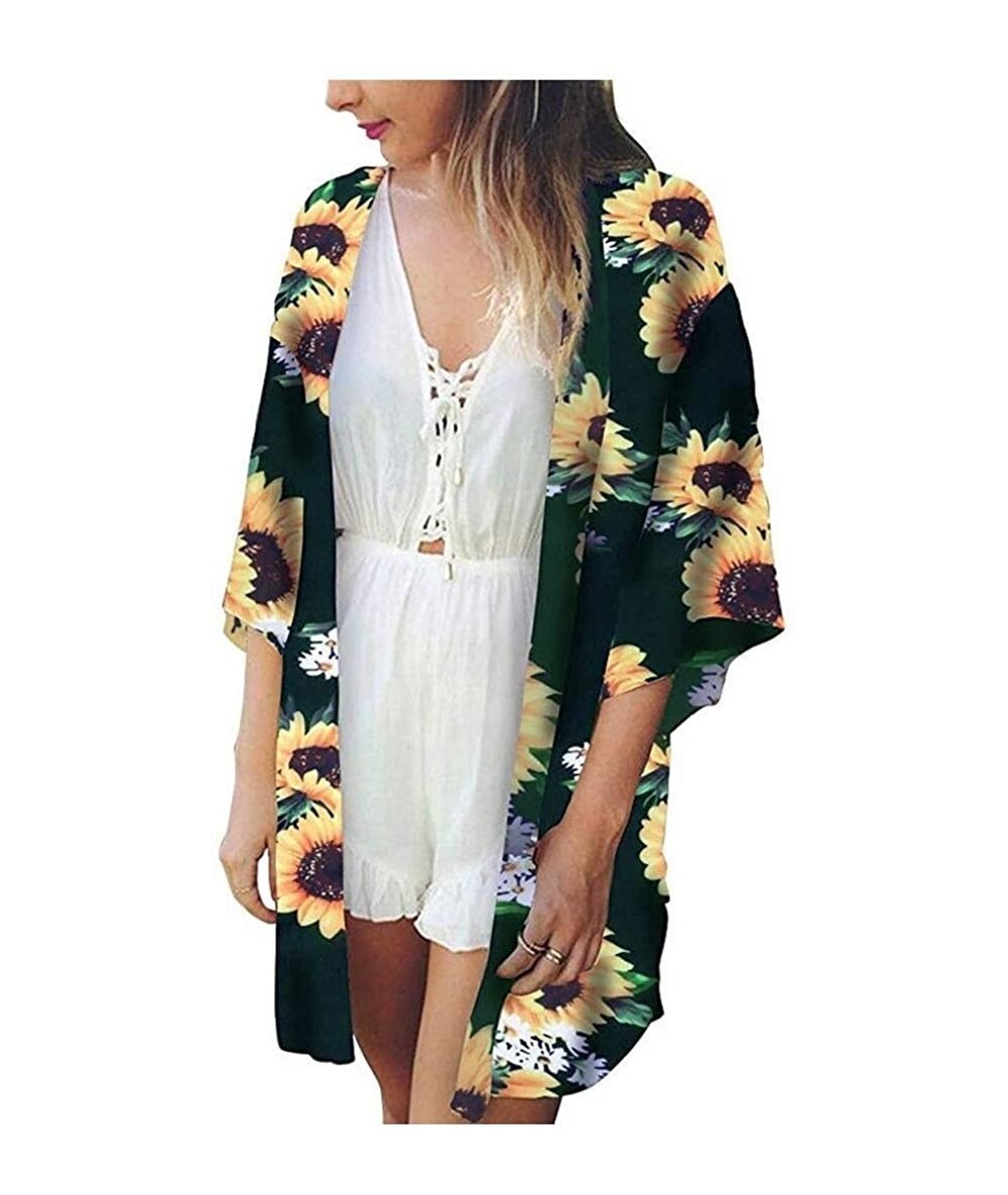 Cover-Ups Women's Cover ups Kimono Floral Print Casual Loose Chiffon Cardigan - Green - C5199NDW3EM $36.68