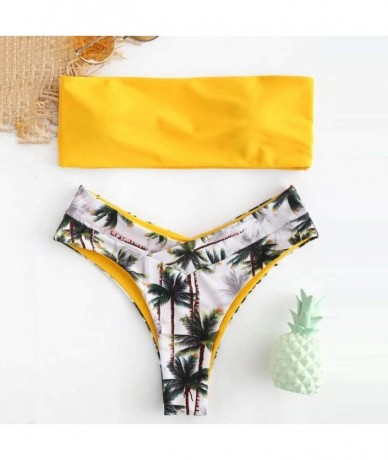 Sets Women's 2 Pieces Bandeau Bikini Swimsuits Summer Off Shoulder Bathing Suit Swim Top with High Waist Bottom 3 Yellow - C0...