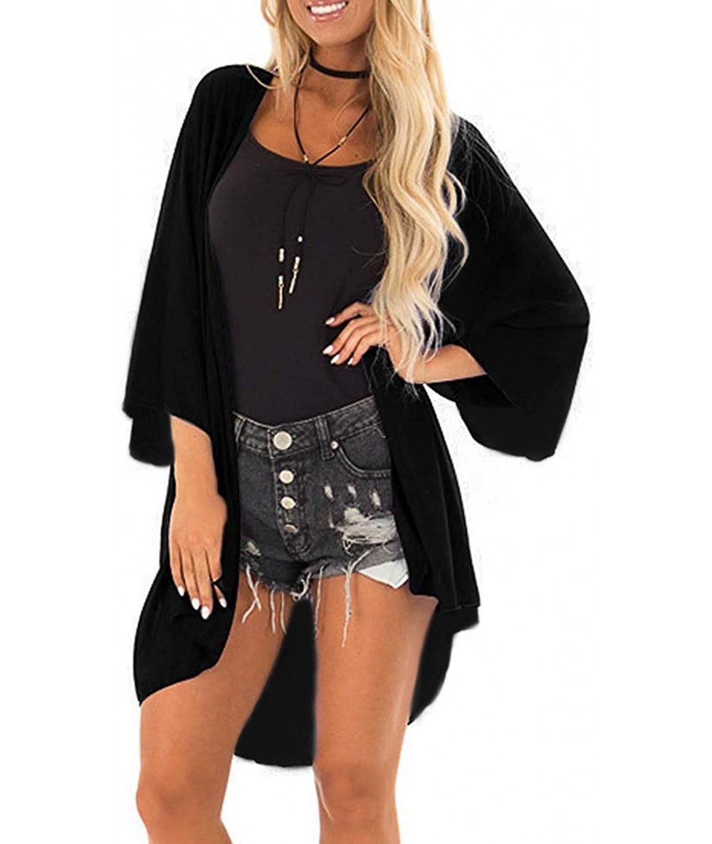 Cover-Ups Women's Lightweight Summer Cardigans Solid Color Long Sleeve Kimono Cover Ups Tops S-3XL - 3c-black - CK18XLWM63N $...