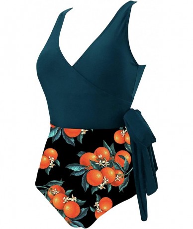 Sets Women's One Piece Retro V Neckline Sexy Bikini Suit Bowknot High Waist Swimsuit(FBA) - Orange - CW194RNCWDH $39.68