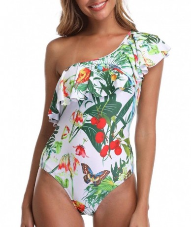 One-Pieces One Piece Swimsuits for Women Flamingo Swimwear One Shoulder Ruffled Flounce Monokini Bathing Suit - C - CC18S8DY5...