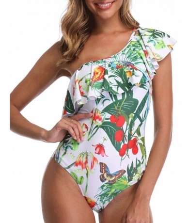 One-Pieces One Piece Swimsuits for Women Flamingo Swimwear One Shoulder Ruffled Flounce Monokini Bathing Suit - C - CC18S8DY5...