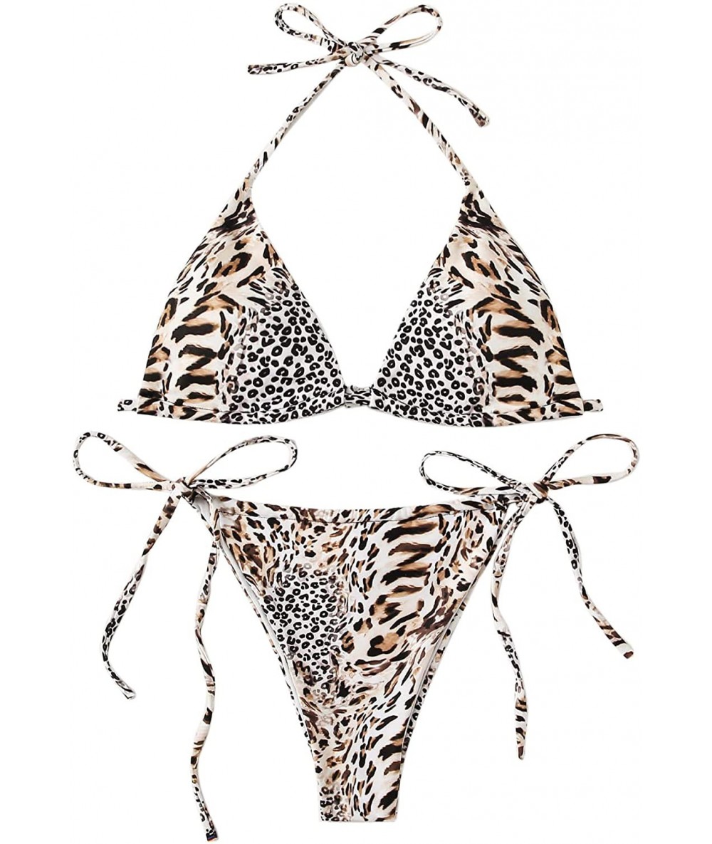 Sets Women's Sexy Bathing Suit Halter Print Bikini Set High Cut Swimsuits - Leopard-2 - CB192DAE8TH $35.76