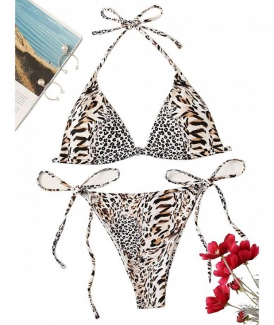 Sets Women's Sexy Bathing Suit Halter Print Bikini Set High Cut Swimsuits - Leopard-2 - CB192DAE8TH $35.76