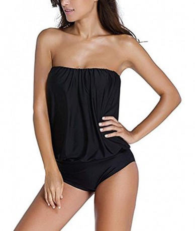 Tankinis Women's Two Piece Swimsuit Padded Blouson Tankini Set with Triangle Bri. - Black - CT183K65U6Q $36.50