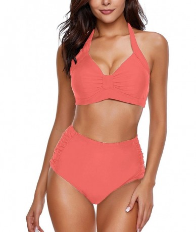 Sets Women's Halter Self Tie Ruched High Waist Two Pieces Bikini Set Swimsuits - Shell Pink - CT1900G5GZU $50.69