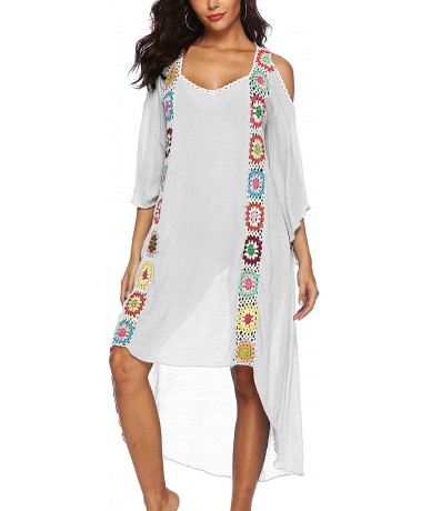 Cover-Ups Women's Crochet Swimsuit Cover Up Embroidered Beach Cover Up Bathing Suit Coverups - White - CT19D3ESR94 $43.16