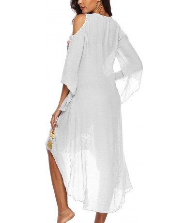 Cover-Ups Women's Crochet Swimsuit Cover Up Embroidered Beach Cover Up Bathing Suit Coverups - White - CT19D3ESR94 $43.16