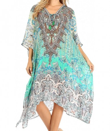 Cover-Ups Zeni Women's Short Sleeve V-Neck Summer Floral Print Caftan Dress Cover-up - Jtu395-turq - CO197YLZAWZ $70.16