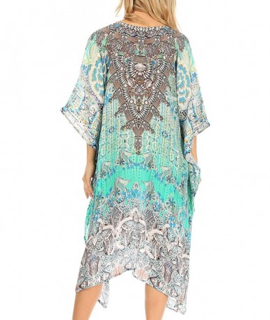 Cover-Ups Zeni Women's Short Sleeve V-Neck Summer Floral Print Caftan Dress Cover-up - Jtu395-turq - CO197YLZAWZ $70.16