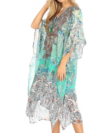 Cover-Ups Zeni Women's Short Sleeve V-Neck Summer Floral Print Caftan Dress Cover-up - Jtu395-turq - CO197YLZAWZ $70.16