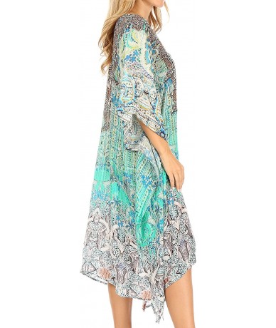 Cover-Ups Zeni Women's Short Sleeve V-Neck Summer Floral Print Caftan Dress Cover-up - Jtu395-turq - CO197YLZAWZ $70.16