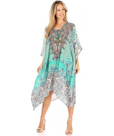 Cover-Ups Zeni Women's Short Sleeve V-Neck Summer Floral Print Caftan Dress Cover-up - Jtu395-turq - CO197YLZAWZ $70.16