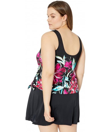 Tankinis Women's Plus-Size Scoop Faux Tankini Swim Dress One Piece Swimsuit - Black//in Full Bloom - CC18KO0ZUAY $83.81