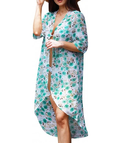 Cover-Ups Women's Floral Kimono Cardigan Swimsuit Beach Cover up with Open Front Dress Beachwear for Summer - Green Floral - ...