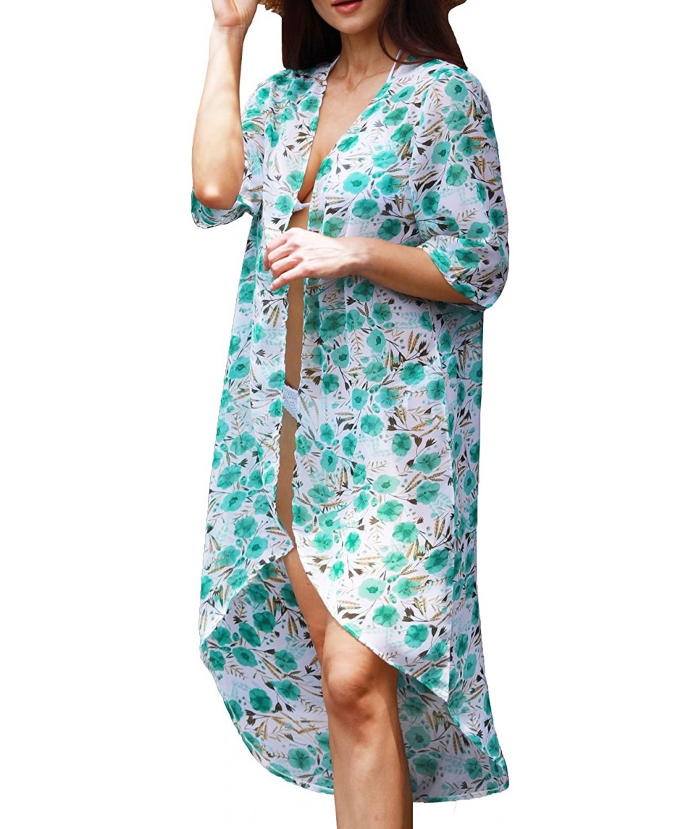 Cover-Ups Women's Floral Kimono Cardigan Swimsuit Beach Cover up with Open Front Dress Beachwear for Summer - Green Floral - ...