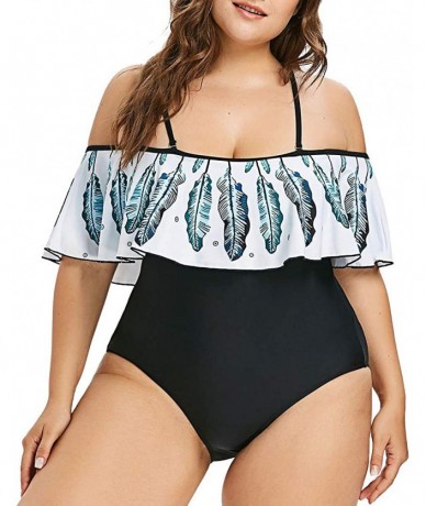 One-Pieces Women Plus Size Swimwear One Piece Swimsuits Feather Print Off Shoulder Beachwear Bathing Suits - Blue - CC1957LR6...