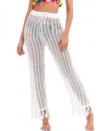 Cover-Ups Women's Crotch Hollow Out Wide Leg Tassel Beach Swimsuits Cover Up Pants - White - CJ19DW0MRUT $42.28