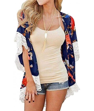 Cover-Ups Women's Chiffon Beach Bikini Cover up Blouse Printed Cardigan Kimono Tops - Dark Blue - C119C4OT43E $38.36