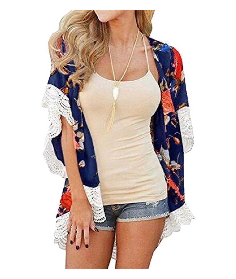 Cover-Ups Women's Chiffon Beach Bikini Cover up Blouse Printed Cardigan Kimono Tops - Dark Blue - C119C4OT43E $38.36