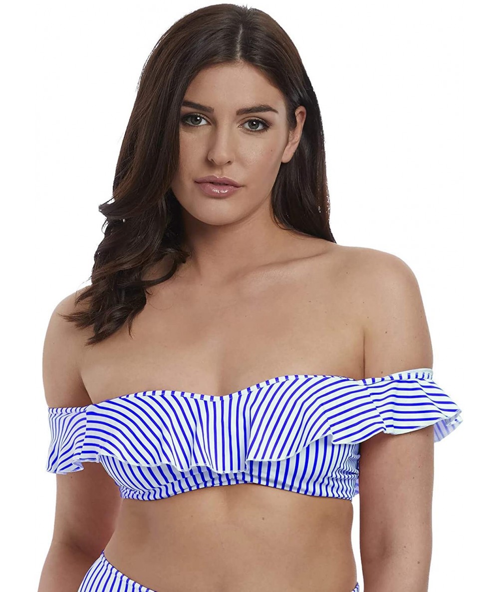 Tops Freya Women's Totally Stripe Underwire Bardot Bikini Swim Top AS6552 - Cobalt - CF18KHEDQAZ $60.06