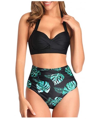 Sets Women Swimsuit Two Pieces Retro Halter Bandage Wrap Bikini Set Push-Up Ruched High Waist Printed Bottoms Vintage Swimwea...