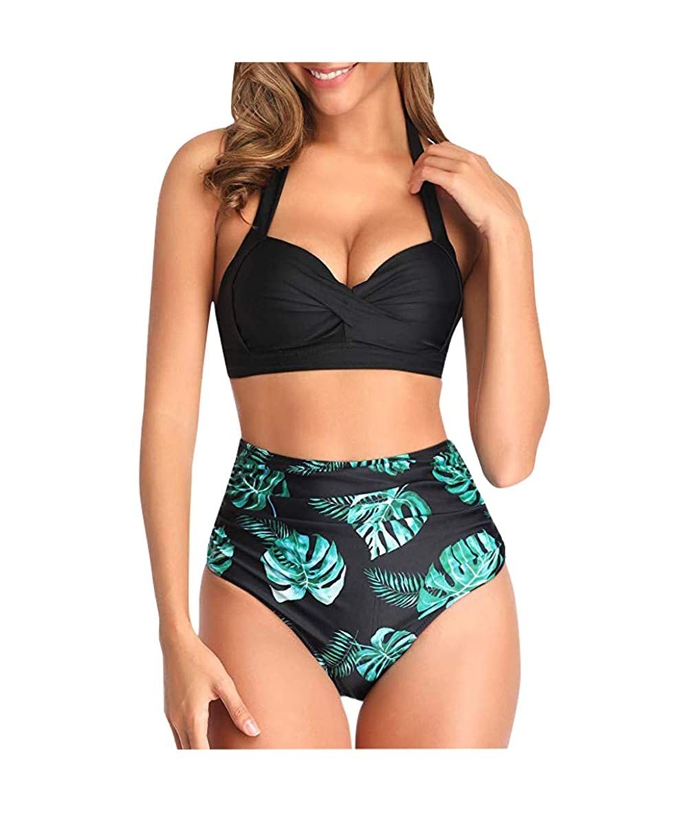 Sets Women Swimsuit Two Pieces Retro Halter Bandage Wrap Bikini Set Push-Up Ruched High Waist Printed Bottoms Vintage Swimwea...