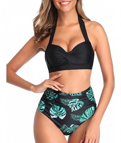 Sets Women Swimsuit Two Pieces Retro Halter Bandage Wrap Bikini Set Push-Up Ruched High Waist Printed Bottoms Vintage Swimwea...