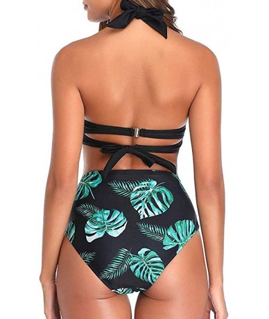 Sets Women Swimsuit Two Pieces Retro Halter Bandage Wrap Bikini Set Push-Up Ruched High Waist Printed Bottoms Vintage Swimwea...