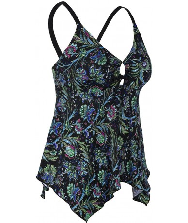 Tankinis Women's Front Tie Swim Top Cross Back Tankini Top Flowy Swimdress Tummy Control - Green Leaves - CE1800ICE39 $46.13