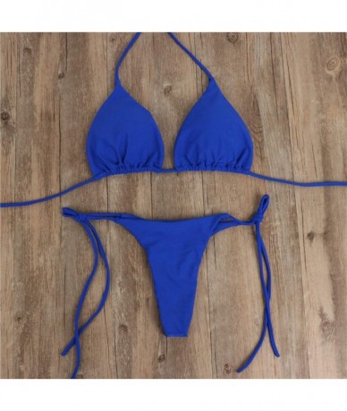 Sets Women 2 Pieces Brazilian Triangle Thong Bikini Set Halter Ties Micro Bikini Extreme Sexy Padded String Swimsuit Blue - C...