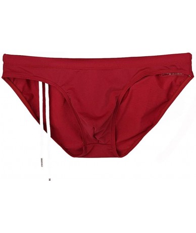 Briefs Men's Nylon Solid Pouch Bikini Swimsuits with Adjustable Drawstrig - Wine Red - C718M822KGS $25.09