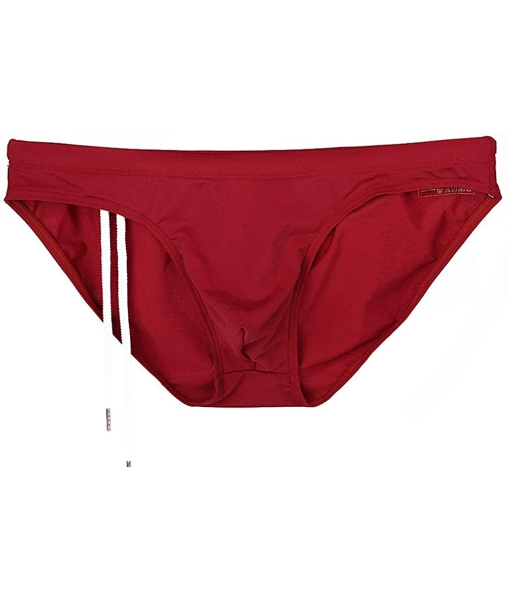 Briefs Men's Nylon Solid Pouch Bikini Swimsuits with Adjustable Drawstrig - Wine Red - C718M822KGS $25.09