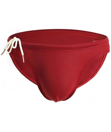 Briefs Men's Nylon Solid Pouch Bikini Swimsuits with Adjustable Drawstrig - Wine Red - C718M822KGS $25.09