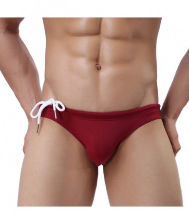 Briefs Men's Nylon Solid Pouch Bikini Swimsuits with Adjustable Drawstrig - Wine Red - C718M822KGS $25.09