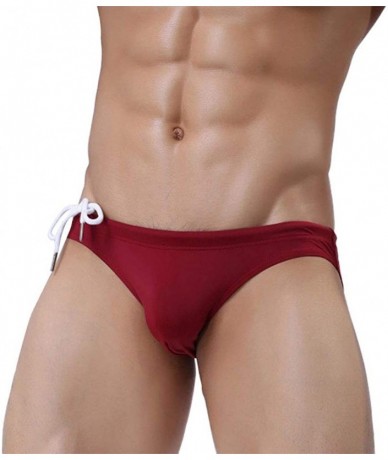 Briefs Men's Nylon Solid Pouch Bikini Swimsuits with Adjustable Drawstrig - Wine Red - C718M822KGS $25.09