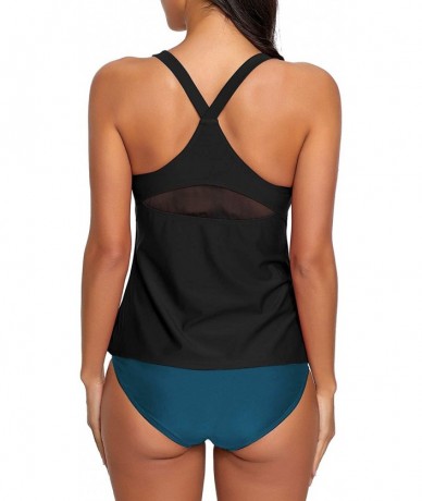 Sets Women's Halter Two Pieces Swimsuit V Neck Panel Open Back Tankini Set - S-black and Blue - CJ190HQ7ZHE $48.21