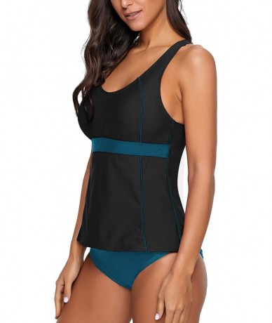 Sets Women's Halter Two Pieces Swimsuit V Neck Panel Open Back Tankini Set - S-black and Blue - CJ190HQ7ZHE $48.21