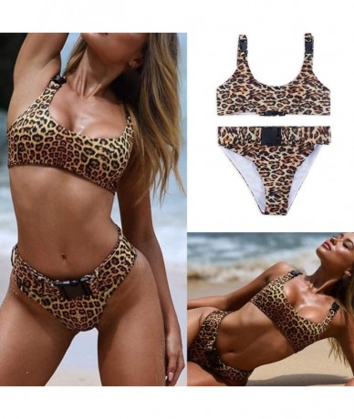 Sets Two Piece Women Sexy Leopard Print Swimwear Belt Buckle Suit Beachwear - Gold - C818RS7O0Q7 $33.53