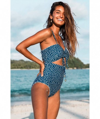 One-Pieces Womens One Piece Swimsuits Polka Dot High Waist Bathing Suit Cutout Swimwear Monokini Tie Knot - Blue - CL18ASELMK...