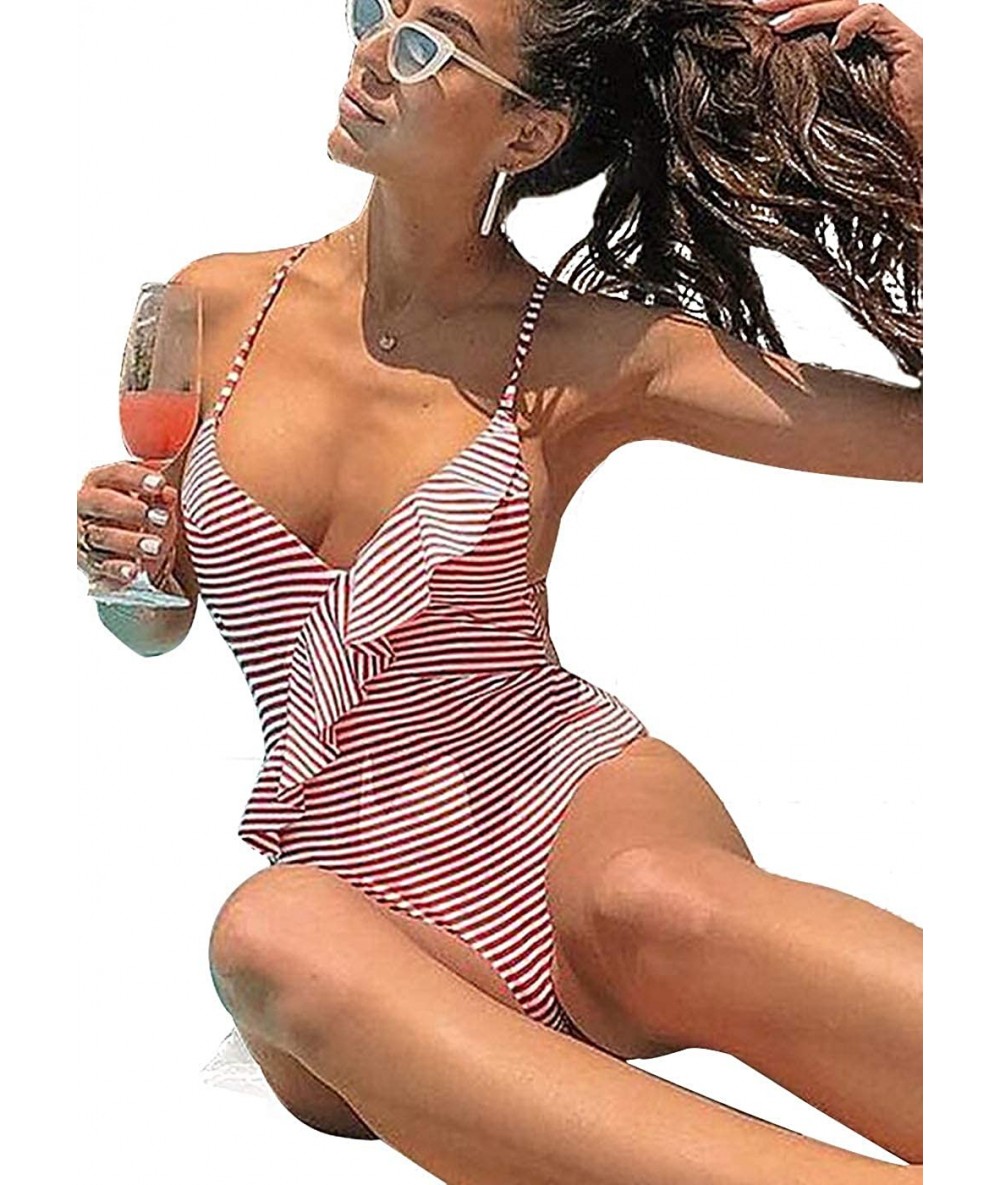 One-Pieces Fashion One Piece Halter Swimsuit Ruffle Deep V Bathing Suit Padded Monokini - B-red - CF18MDKG2MM $48.08