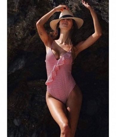 One-Pieces Fashion One Piece Halter Swimsuit Ruffle Deep V Bathing Suit Padded Monokini - B-red - CF18MDKG2MM $48.08